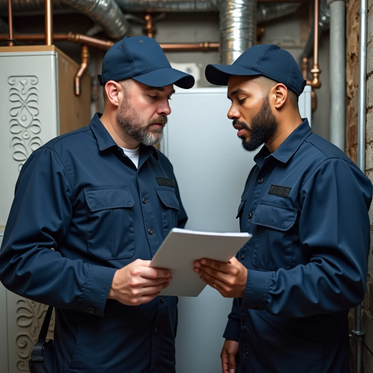 A commercial boiler room in a Queens apartment building with pipes and gauges during a winter service call
