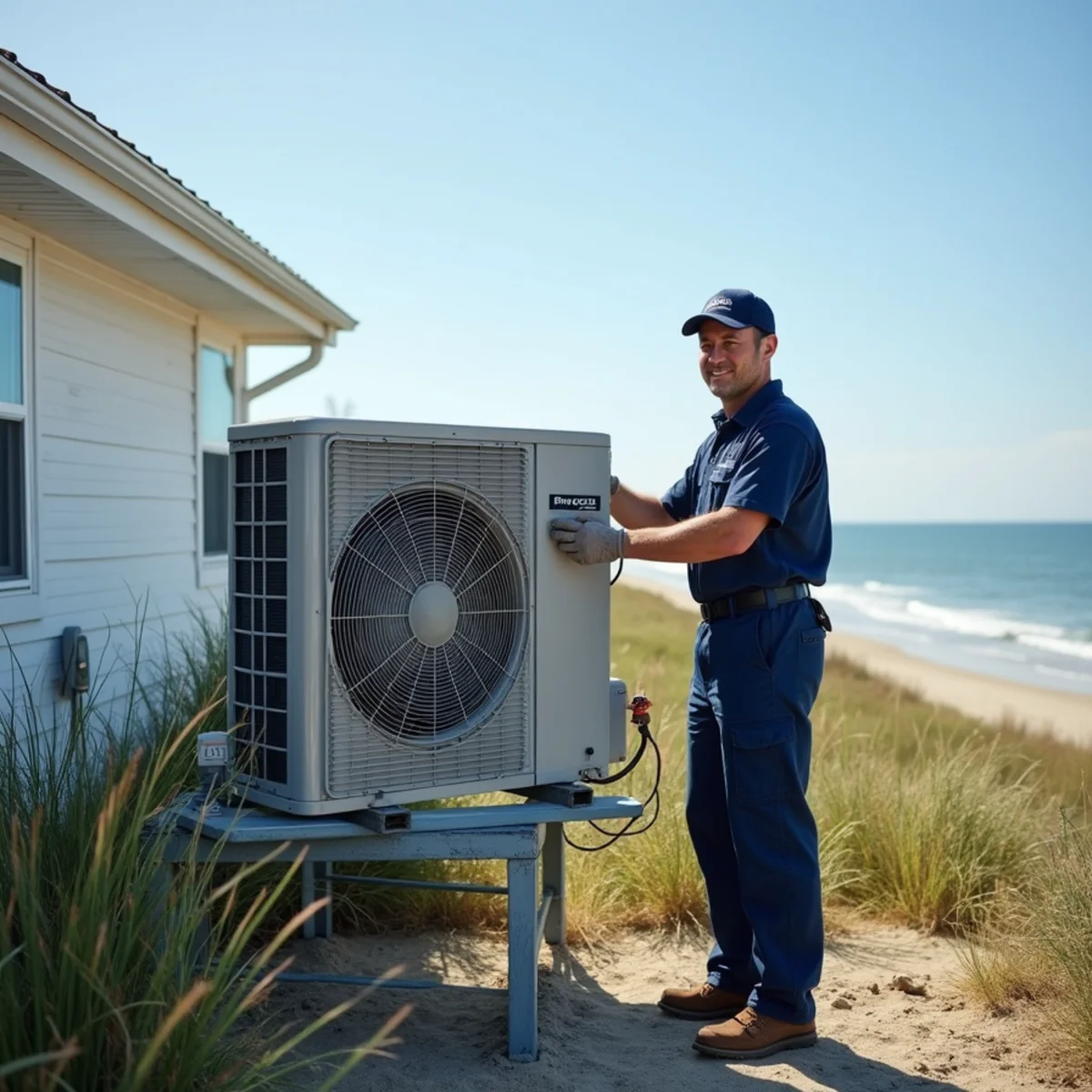 An outdoor AC condenser unit elevated on a stand near a Long Beach, New York home close to the coast