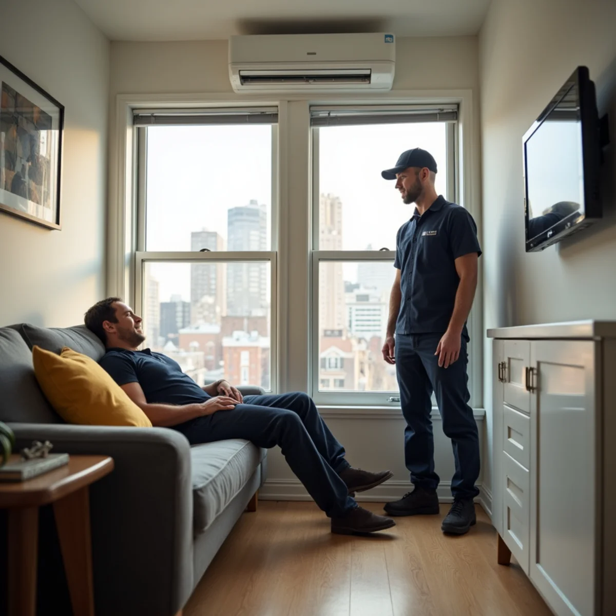 A modern ductless mini-split indoor unit mounted high on the wall of a cozy Queens apartment living room