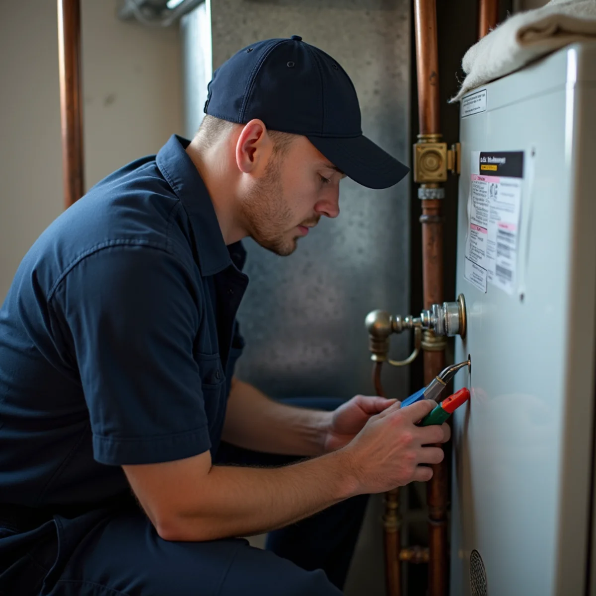 HVAC technician performing annual boiler maintenance in a NYC basement
