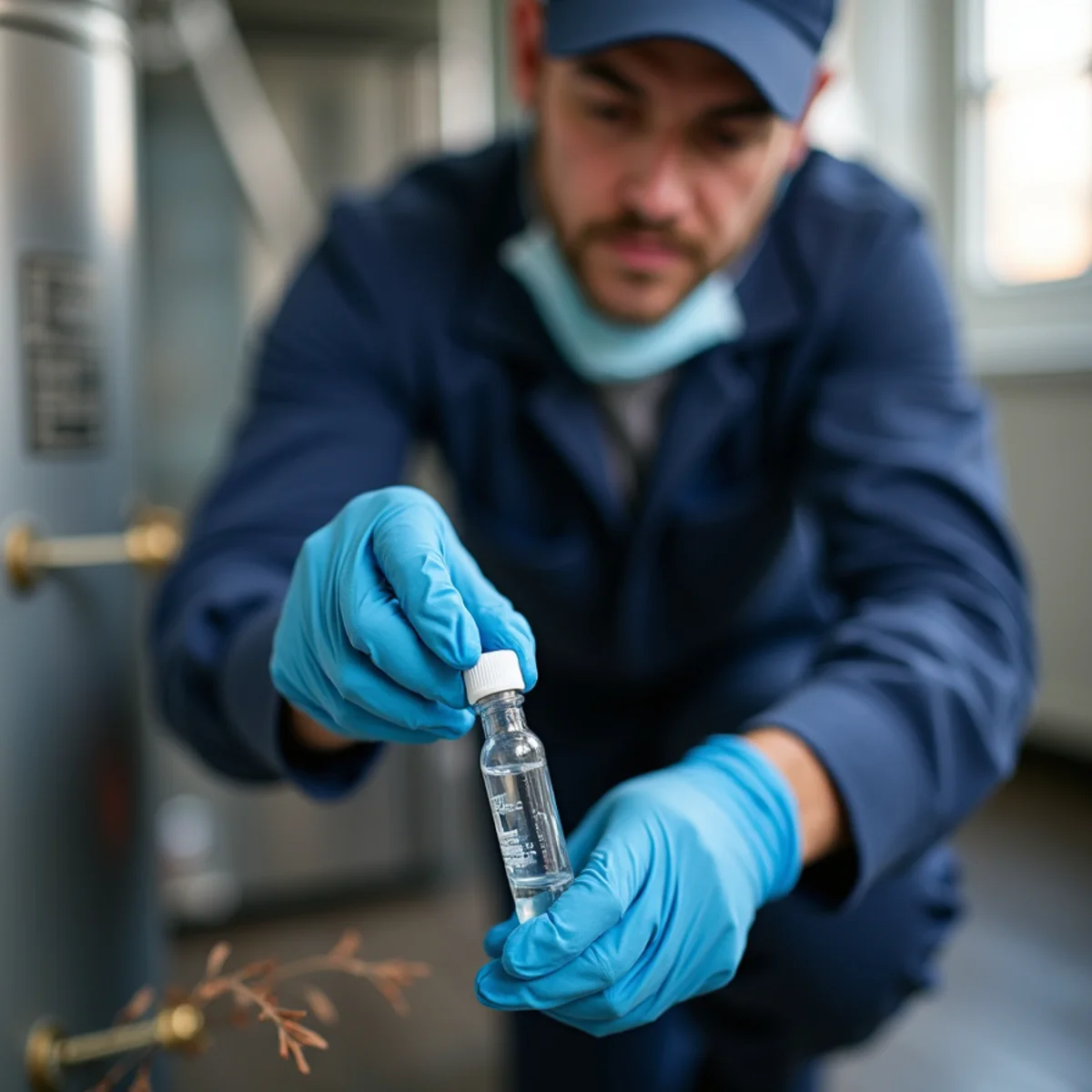 Technician testing boiler water quality and adding inhibitor treatment