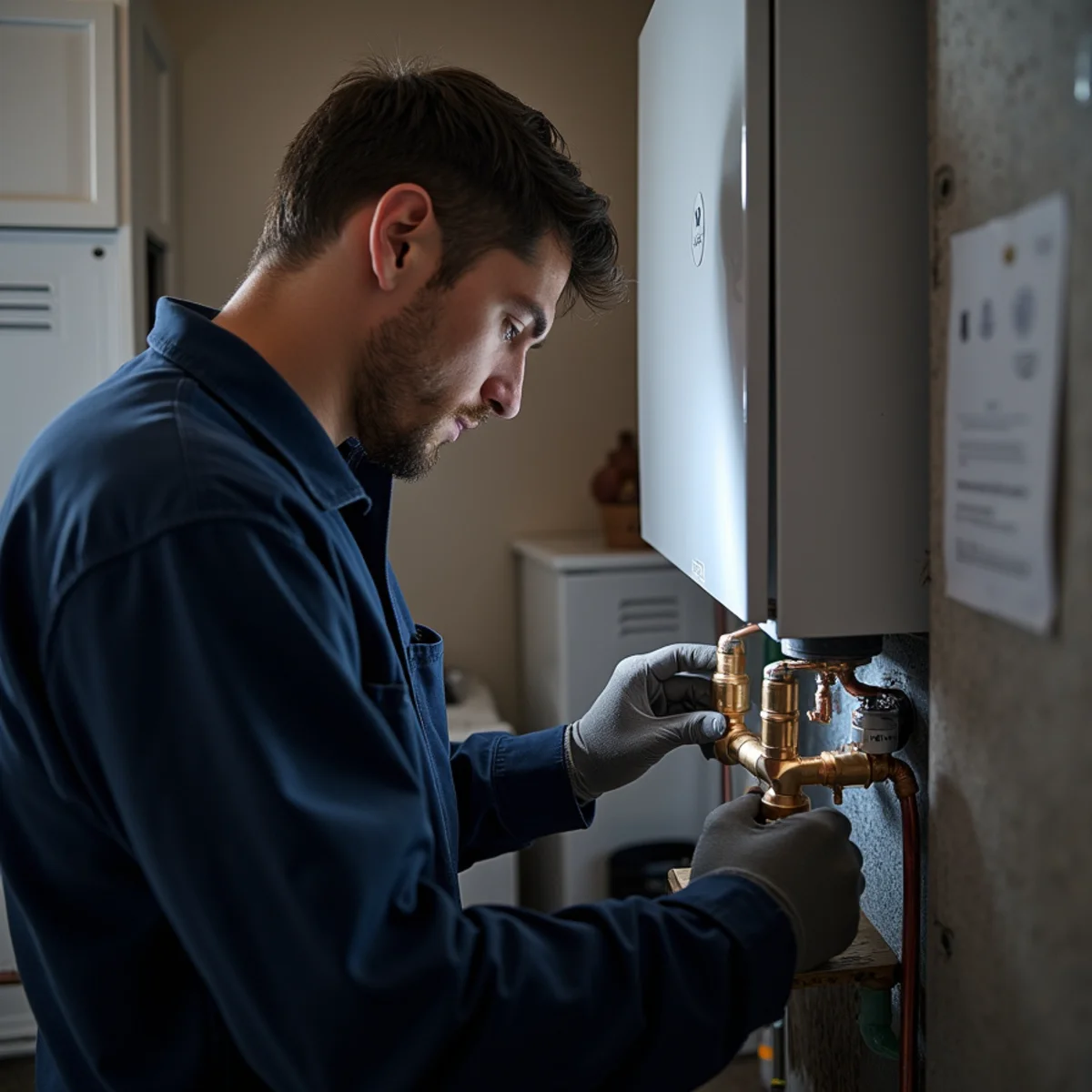 Technician inspecting a small leak on boiler pipe fittings