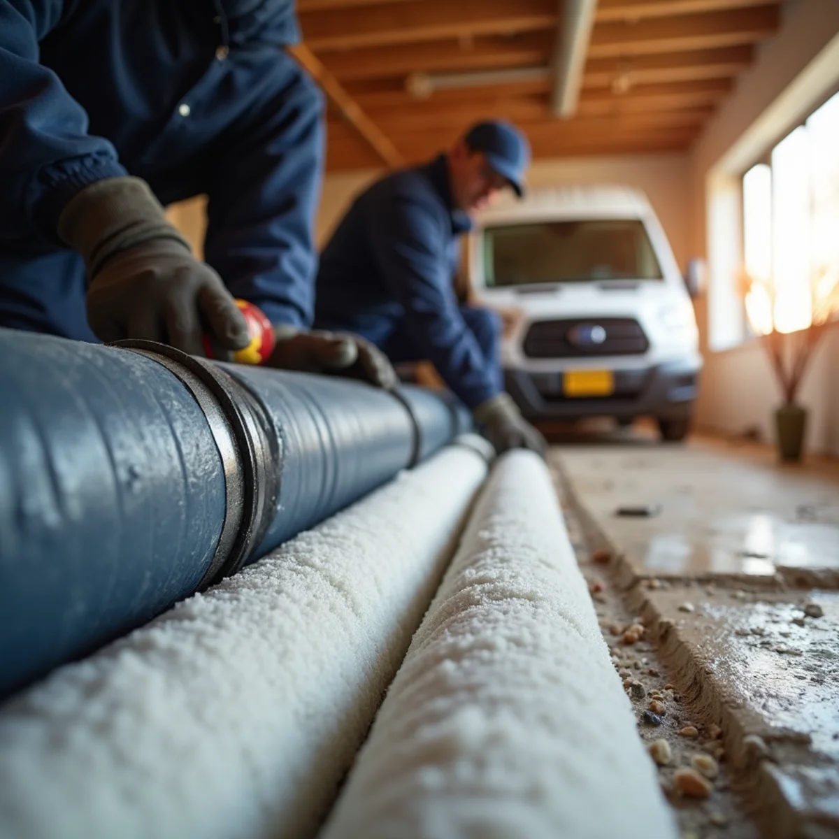 Newly insulated hot-water heating pipes in a basement