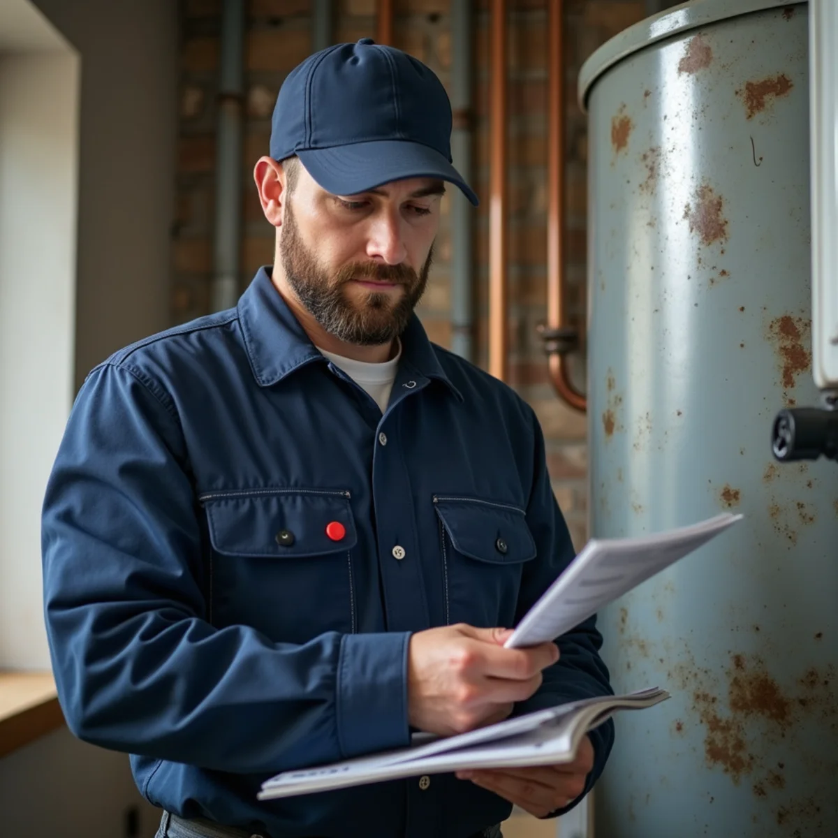 Technician evaluating an aging boiler showing warning signs in Queens