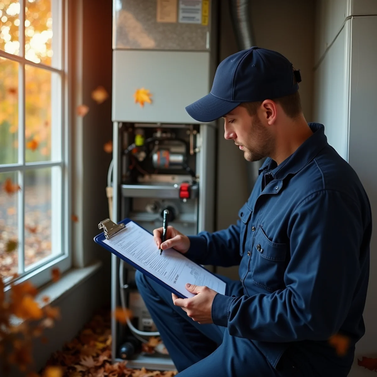 A homeowner in Nassau County reviews an HVAC maintenance checklist next to a furnace in early fall