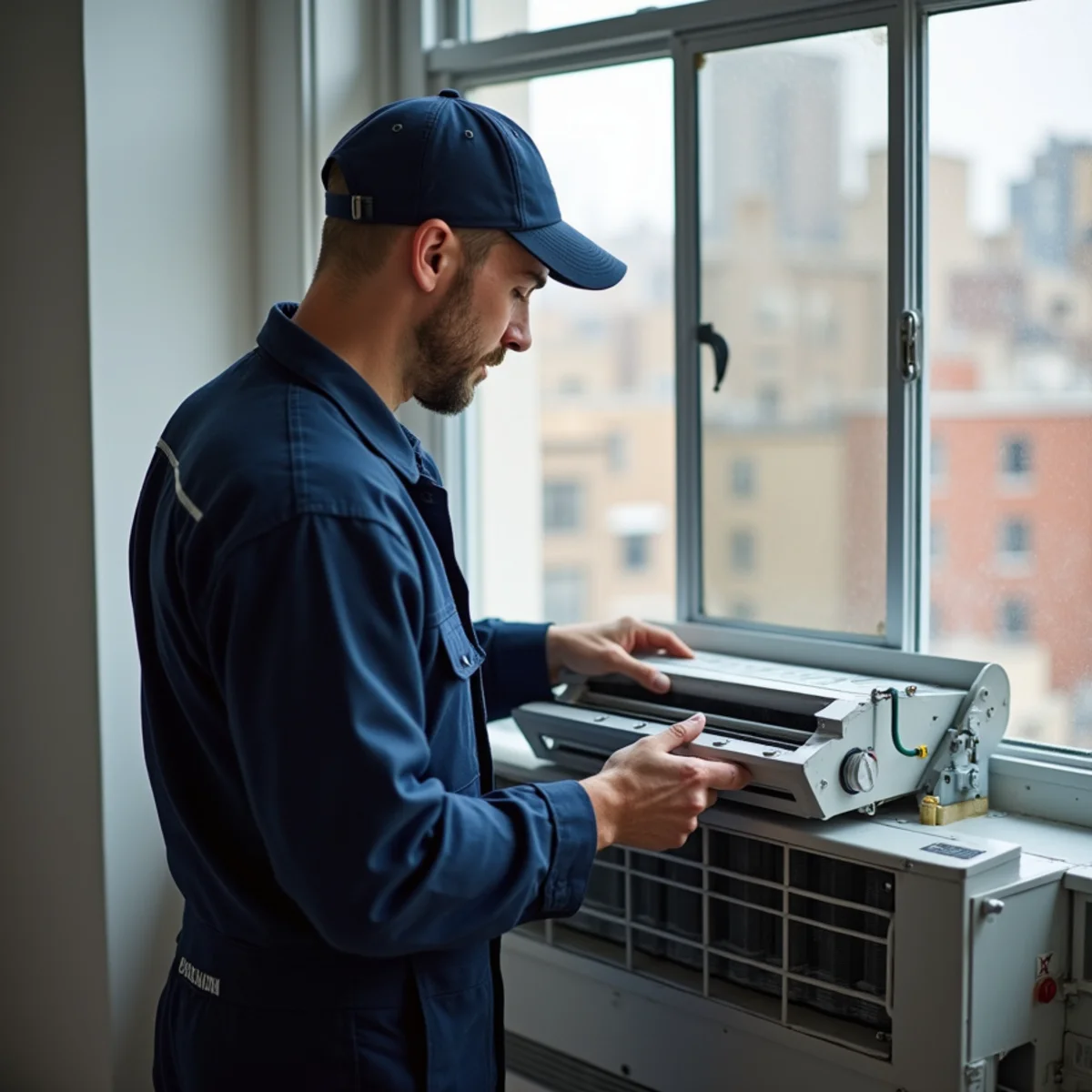 A PTAC unit installed under a window in a Manhattan high-rise condo building