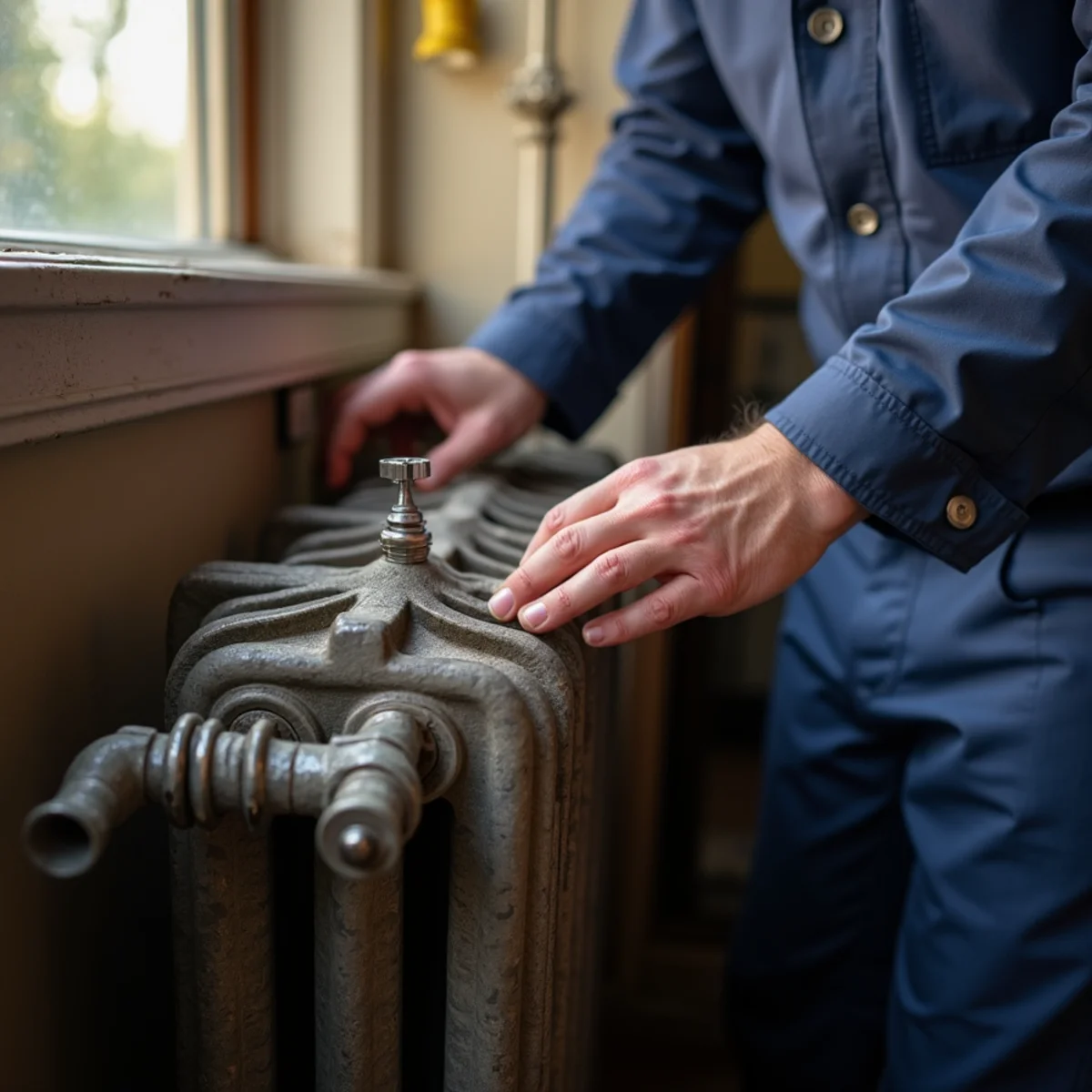 An old cast iron steam radiator in a Brooklyn brownstone with a visible pipe and shutoff valve