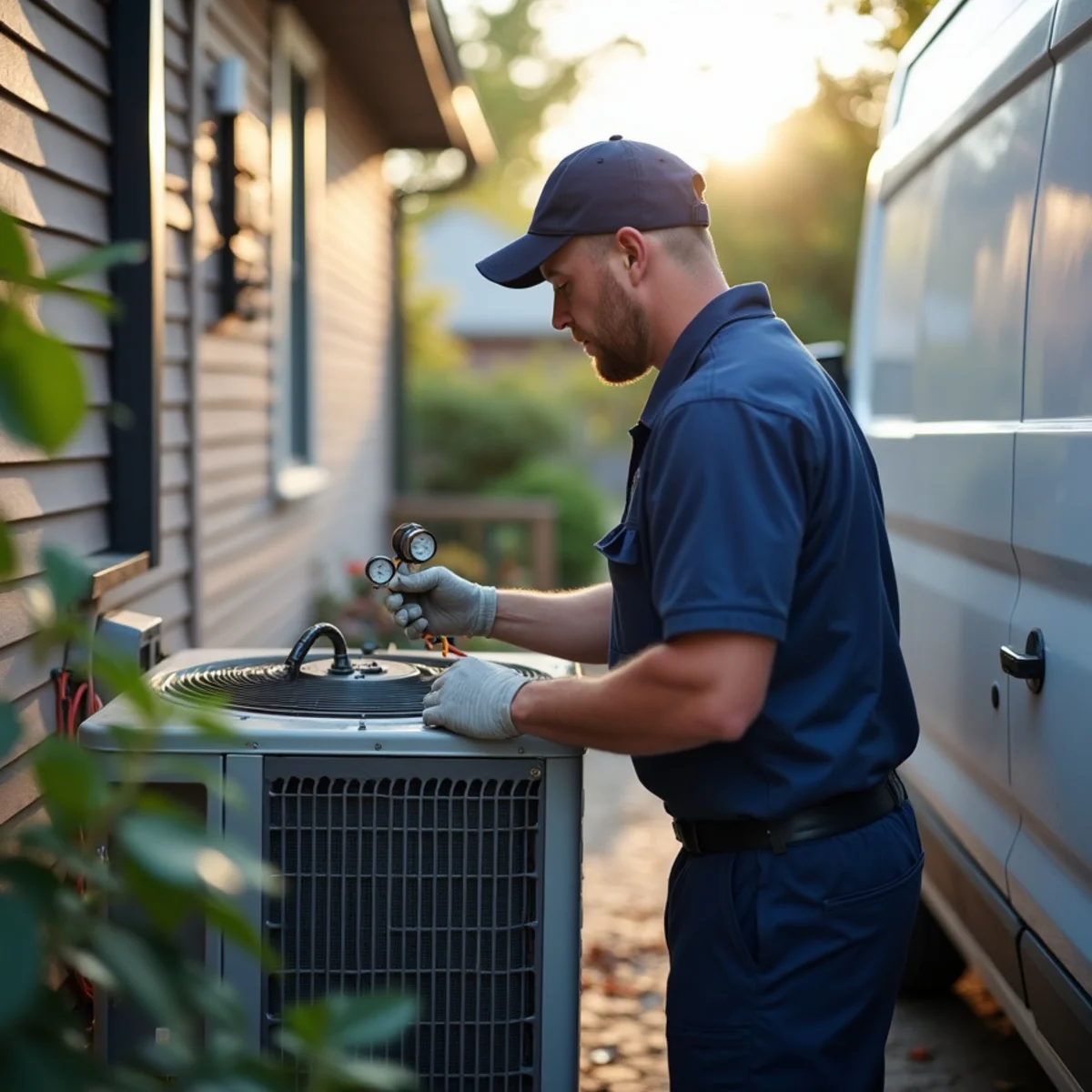 Technician performing an emergency air conditioning repair on a Queens, NY home during a summer heat wave at night